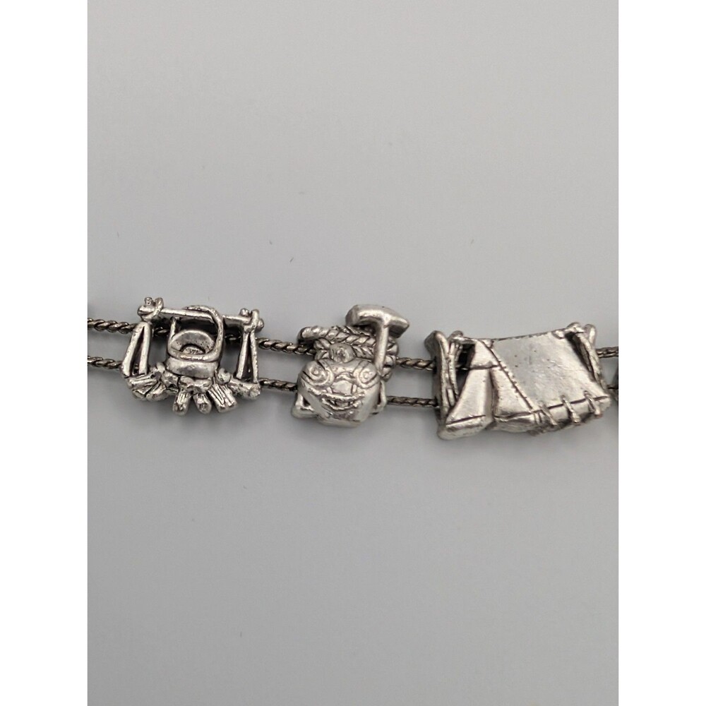 Vintage 90s Tofa BG Silver Tone Heavy Charm Bracelet Slider Camping Tent Kitschy image 4
